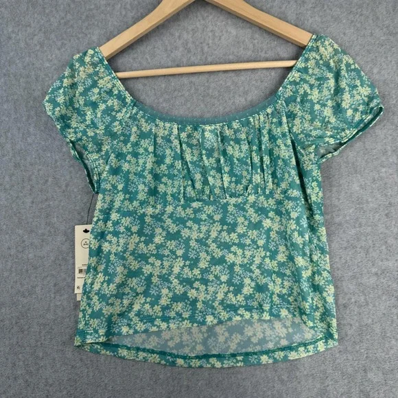No Boundaries Top Womens M Teal Floral Sheer Crop Y2K Milkmaid Cottagecore Fairy - Picture 2 of 10